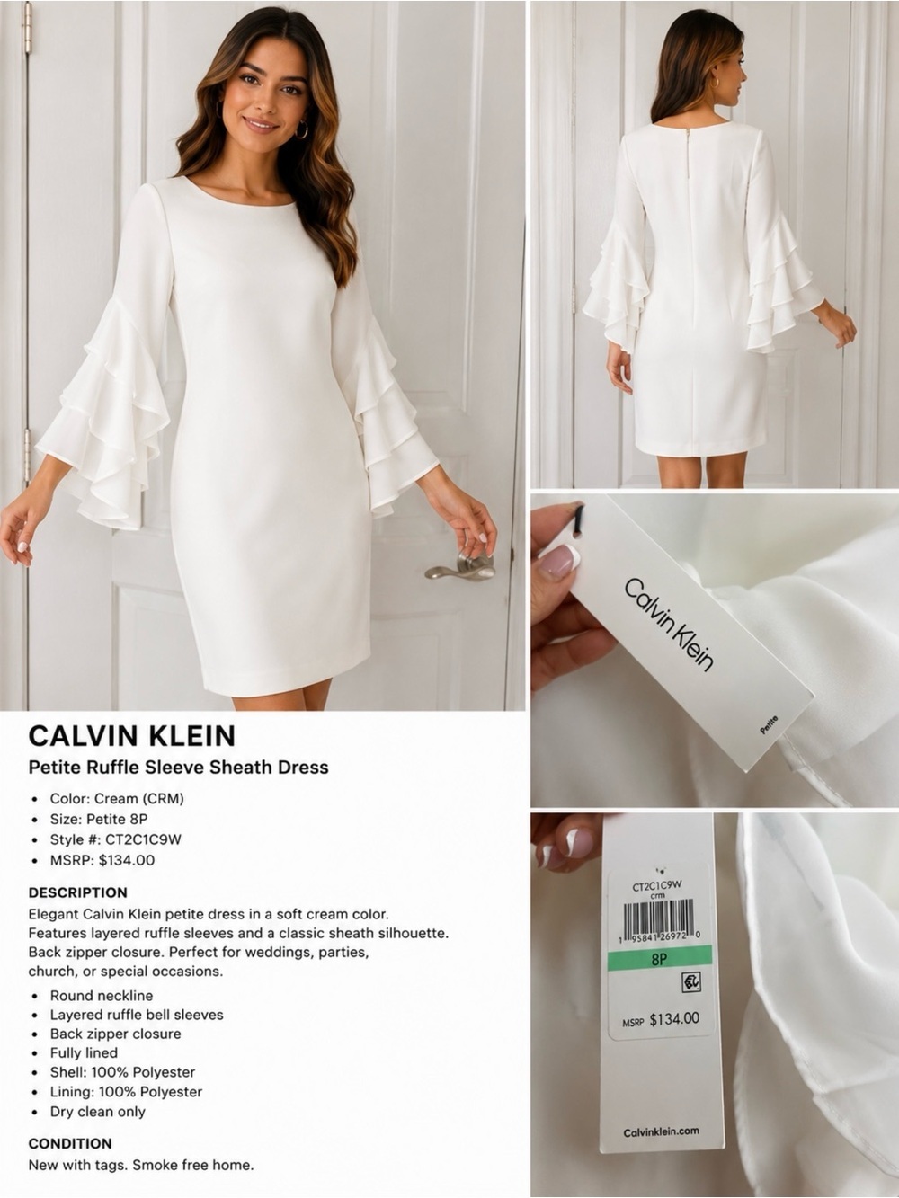 Calvin Klein White Ruffle Bell Sleeve Sheath Dress NWT Petite 8P